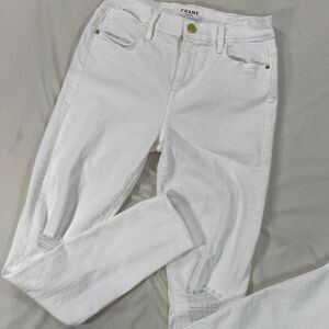 Frame Le High Skinny Crop 25x26 Ankle White Jeans Sz 26 Split Raw Hem Distressed